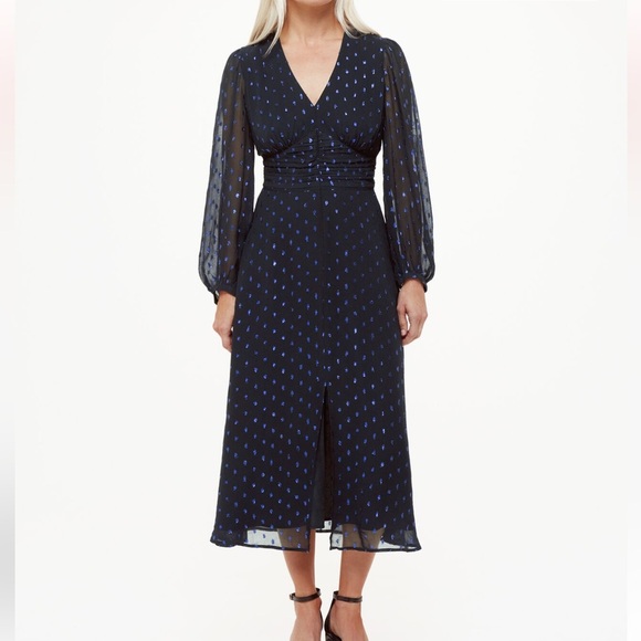 NWOT WHISTLES Navy Metallic Dobby Midi Dress - Picture 1 of 13